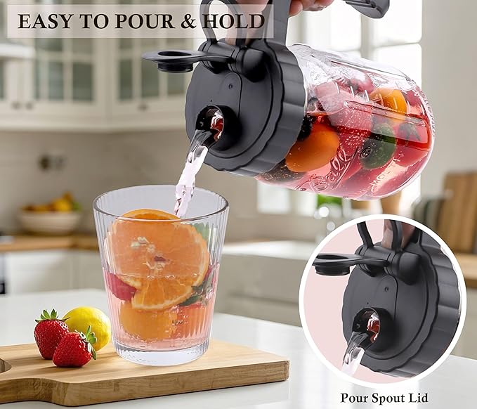 Mason Jar Pitcher With Pour Spout Lids 32 Oz Breast Milk Pitcher Wide Mouth 1 Quart Airtight & Leakproof Glass Jug With Handle And Flip Cap Lid For Fridge, Iced Tea, Coffee, Lemonade, Juice, 2 Set