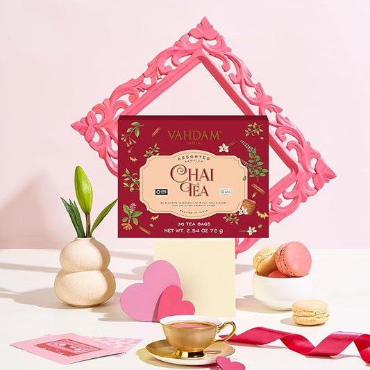 VAHDAM, Assorted Chai Tea Variety Pack (6 Delicious Flavors, 36 Eco Friendly Pyramid Tea Bags) Caffeinated, Gluten Free, Non GMO | Indian Masala Chai Tea Blends | Valentines Day Gifts for Him & Her