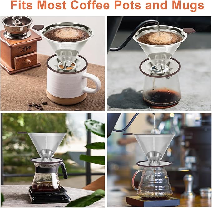 Pour Over Coffee Dripper, Paperless Pour Over Coffee filter, Stainless Steel Reusable Coffee Filters with Double Layer Mesh, Coffee Strainer Cup Stand & Cleaning Brush