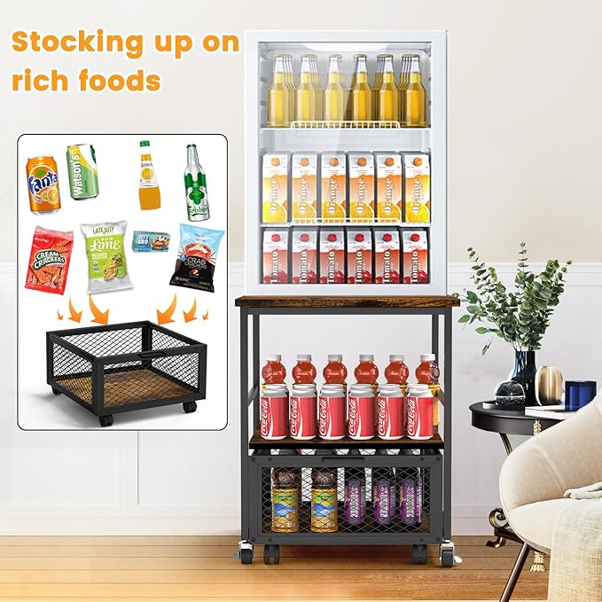 19.7x19.7in Mobile Mini Fridge Stand with 3 Storage,Small Beverage Refrigerator Table with Wheels Rolling Compact Drawer Cart,Great for Dorm Home Office, Printer Stand, Coffee Table