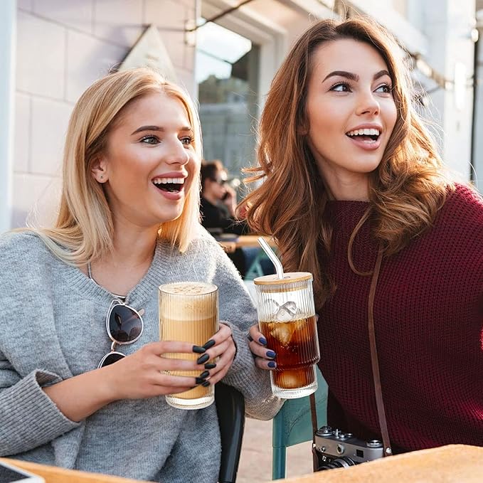 16oz Glass Cups with Lids & Straws - Reusable Iced Coffee Tumblers, Trendy Ribbed Design & Stackable for Iced Coffee/Cold Brew, Perfect for Home/Office by Coffee Lovers & Commuters (16OZ-6PACK)