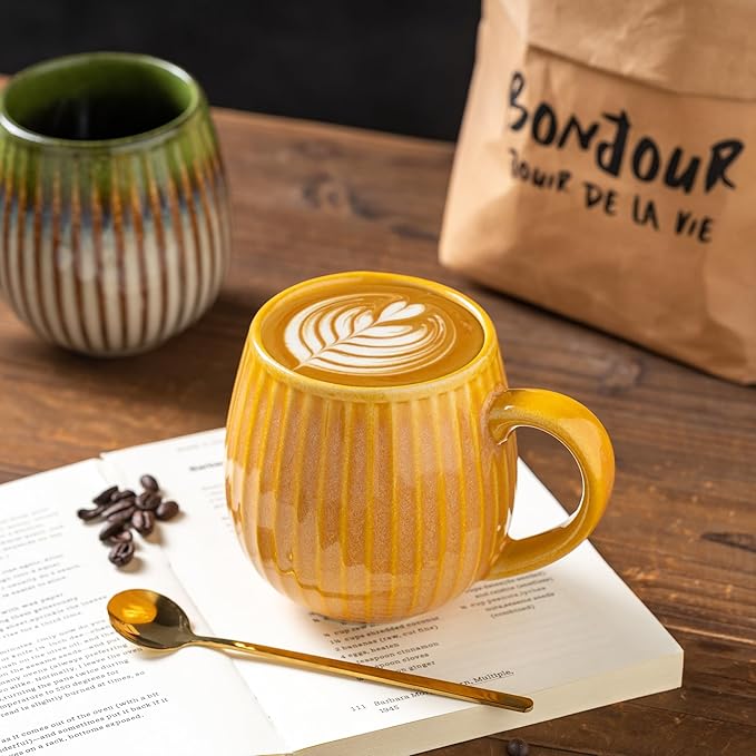 Unique Kiln-Fired Glaze Ceramic Mug (16 oz) with Gold Coffee Spoon – Stoneware Handcrafted Drum Shape Large Cup, Dishwasher Oven Safe, Brilliant Yellow
