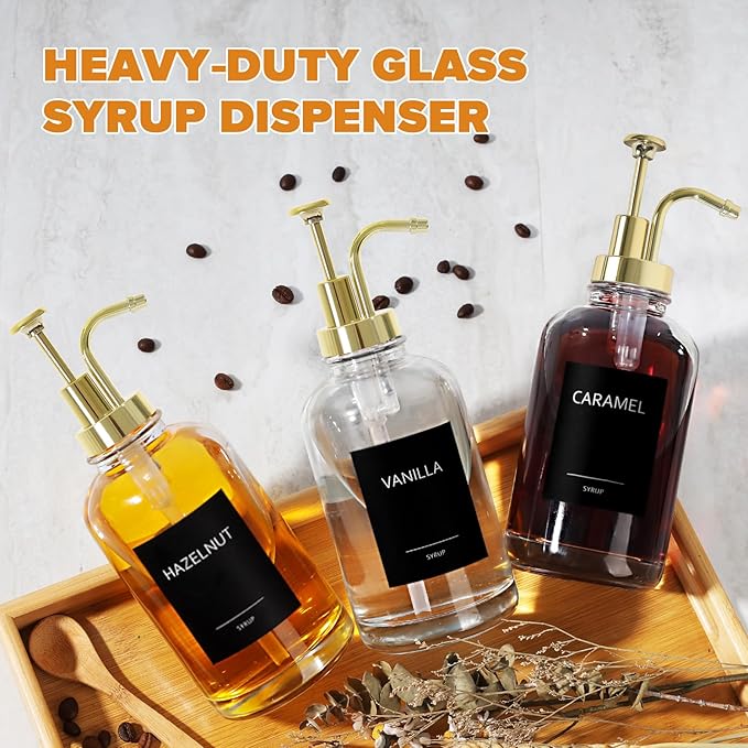 Coffee Syrup Dispenser,Syrup Dispenser for Coffee Bar，Syrup Bottles with Pump，16.9 Fl Oz Glass Honey Bottle for Coffee Bar，3 Pack，Gold
