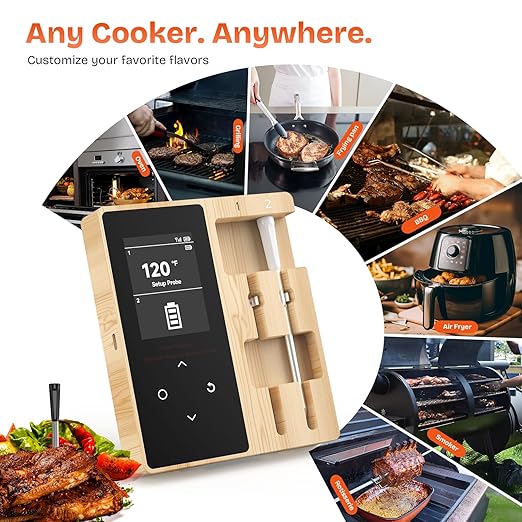 Smart Wireless Meat Thermometer with 2 Color-Coded Probes,Standalone Display Base, Accuracy ±1°F，Digital Bluetooth Thermometer for Cooking, Oven, Smoker, BBQ, Grill Real-Time Monitoring in App