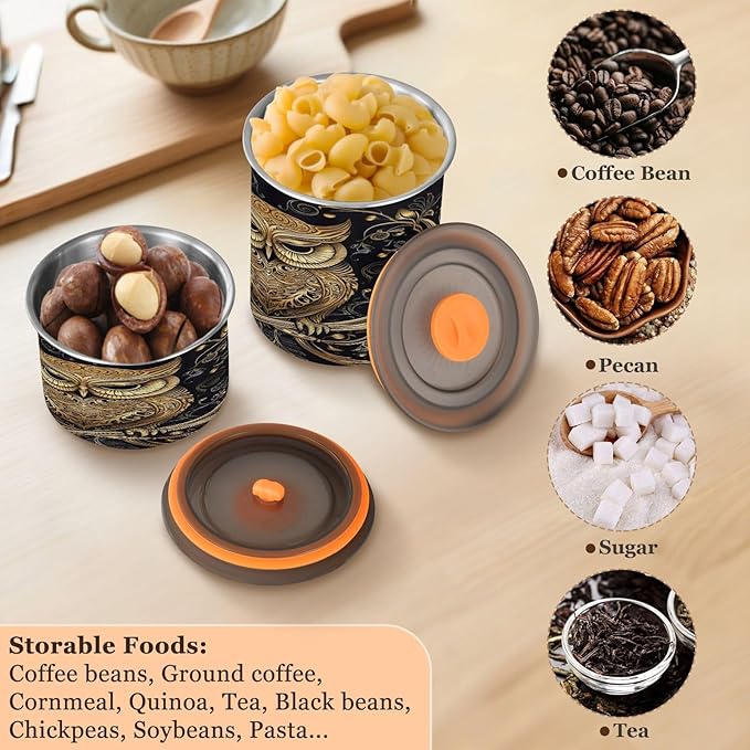 Coffee Storage Containers Airtight Food Storage Canister Set with Vacuum Seal, 500ml Food Grade Stainless Steel Coffee Bean & Tea Storage Jar Gold Owl