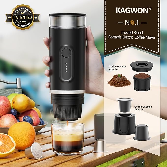 Portable Electric Espresso Machine, Self-Heating Travel Coffee Maker with USB-C, Compatible with Ground Coffee & NS Capsules, Ideal for Camping, Car, RV, Hiking & Office (Black)