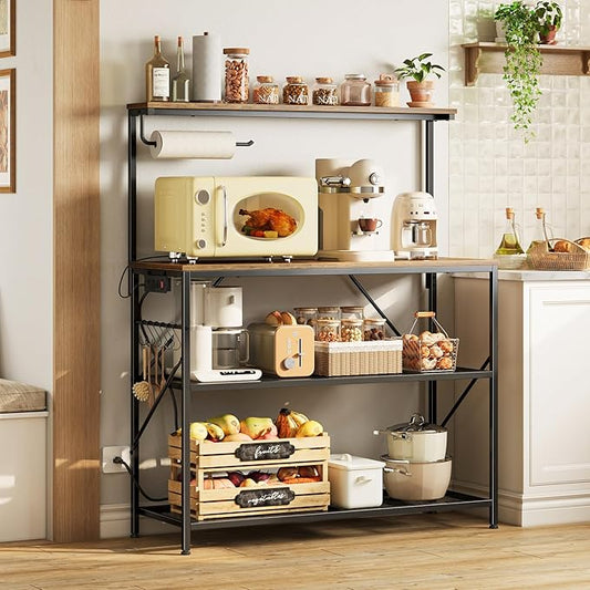 Huuger 4-Tier Bakers Rack with Reversible Power Outlet, 39.4 Inch Microwave Stand, Kitchen Coffee Bar, with Top Shelf, 6 S Hooks, Rustic Brown