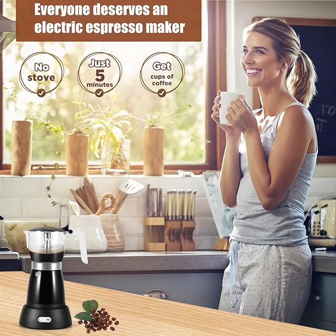 Coffee Maker Electric Moka Pot, Espresso Coffee Italian Aluminum Espresso Machine Cafetera Pot 300ml, Portable Machine Moka Maker with Detachable Base Overheat Protection for Home Travel, Black