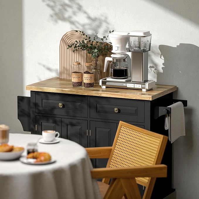 HOMCOM Kitchen Island Cart with Rubber Wood Top, Rolling Kitchen Island Table on Wheels with Drawers, Adjustable Shelves, Spice Rack and Towel Rack for Dining Room, Black
