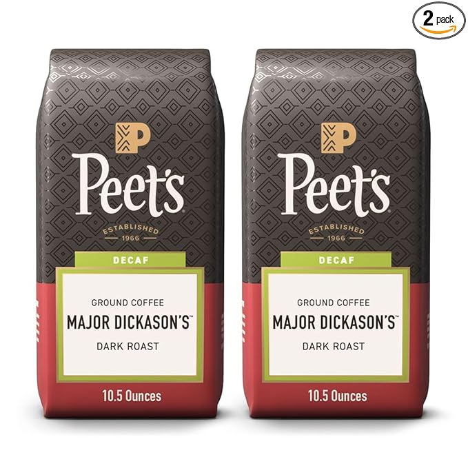 Peet's Coffee, Dark Roast Ground Coffee - Decaf Major Dickason's Blend 10.5 Ounce Bag (Pack of 2)