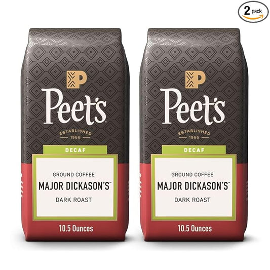 Peet's Coffee, Dark Roast Ground Coffee - Decaf Major Dickason's Blend 10.5 Ounce Bag (Pack of 2)
