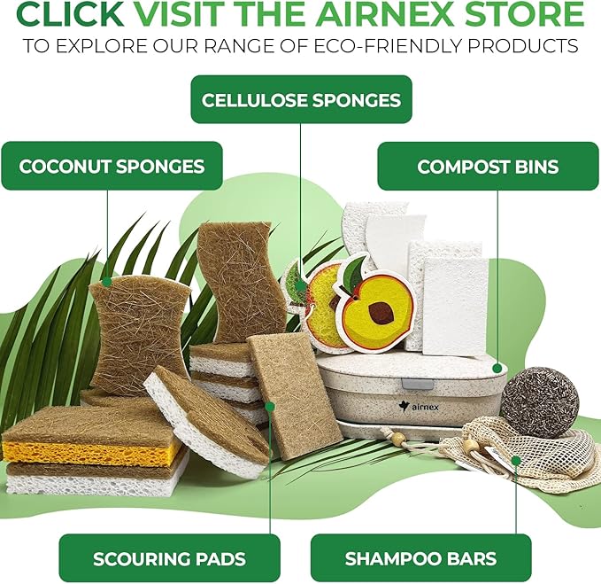 AIRNEX Biodegradable Natural Kitchen Sponge - Compostable Cellulose and Coconut Walnut Scrubber Sponge (6 Pack)
