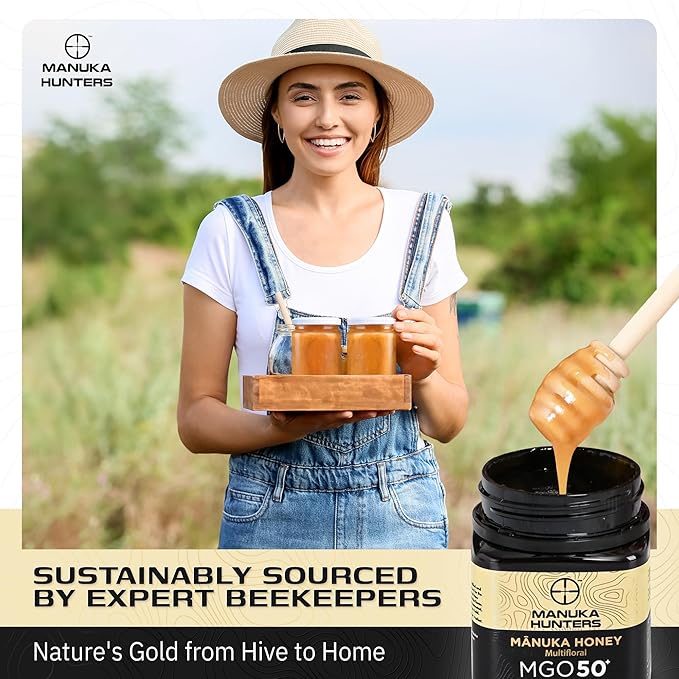 Manuka Hunters/MGO 50+ Certified New Zealand Manuka Honey - 100% Pure Natural Sweetener - Gluten, Dairy Free - Ideal for Tea, Coffee, Smoothies, and Baking - Sustainable - 8.8oz/250g Jar