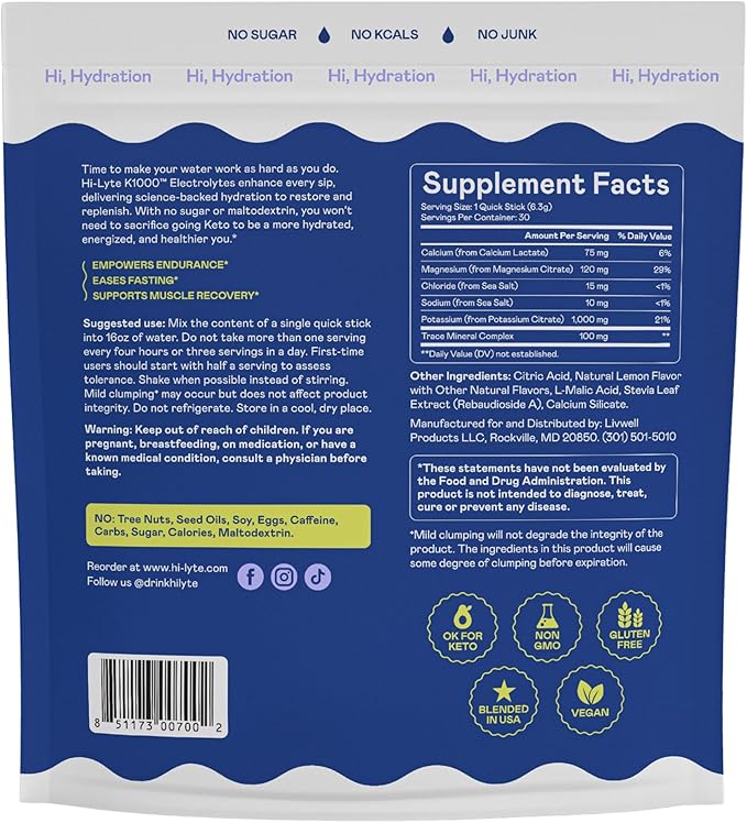 Hi-Lyte K1000 Electrolytes Powder Packets Lemonade, 30 Servings