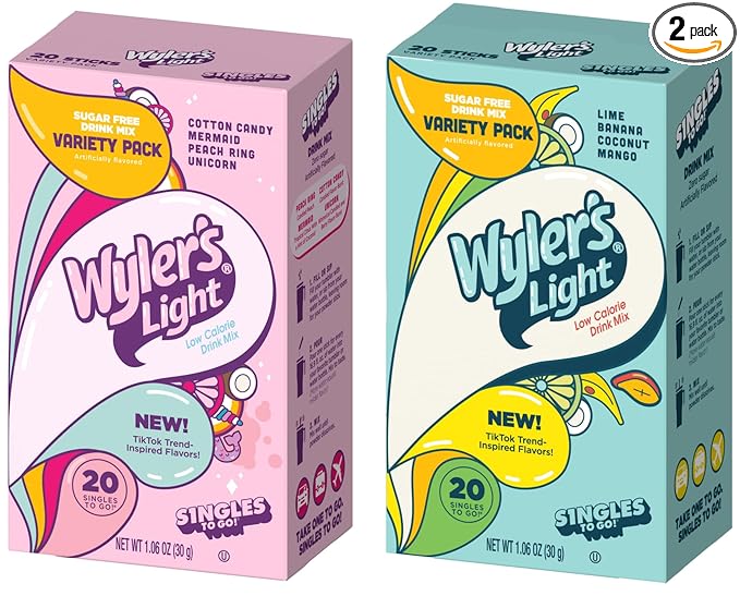 Wyler's Light TikTok Bundle - 20 Packets Per Box, 2pk - Pink Variety Pack and Blue Variety Pack - Trend Inspired Flavors - Low Calorie Drink Mix - Water Flavoring Packets