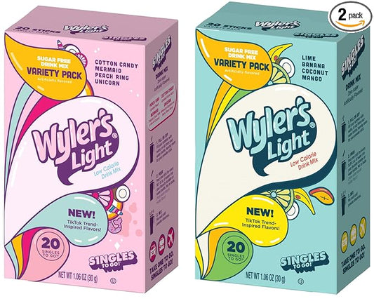 Wyler's Light TikTok Bundle - 20 Packets Per Box, 2pk - Pink Variety Pack and Blue Variety Pack - Trend Inspired Flavors - Low Calorie Drink Mix - Water Flavoring Packets