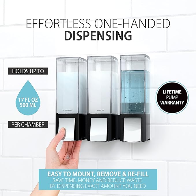 Better Living Products 77384 CLEVER Soap and Shower Triple Dispenser, Black/Chrome