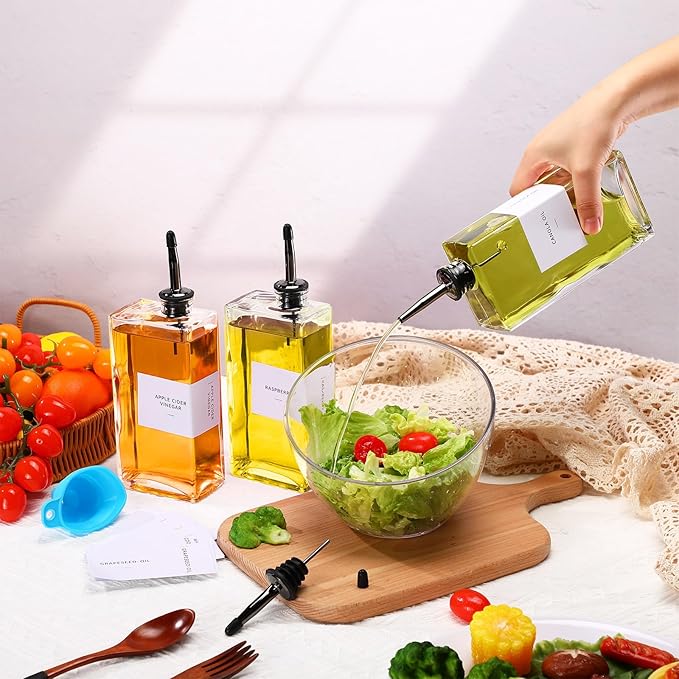 3 Sets Olive Oil Dispenser Bottles for Kitchen with Nozzles Funnel Labels Cooking Oil Dispenser 500ml Set for Kitchen Vinegar Coffee Syrup (Black)