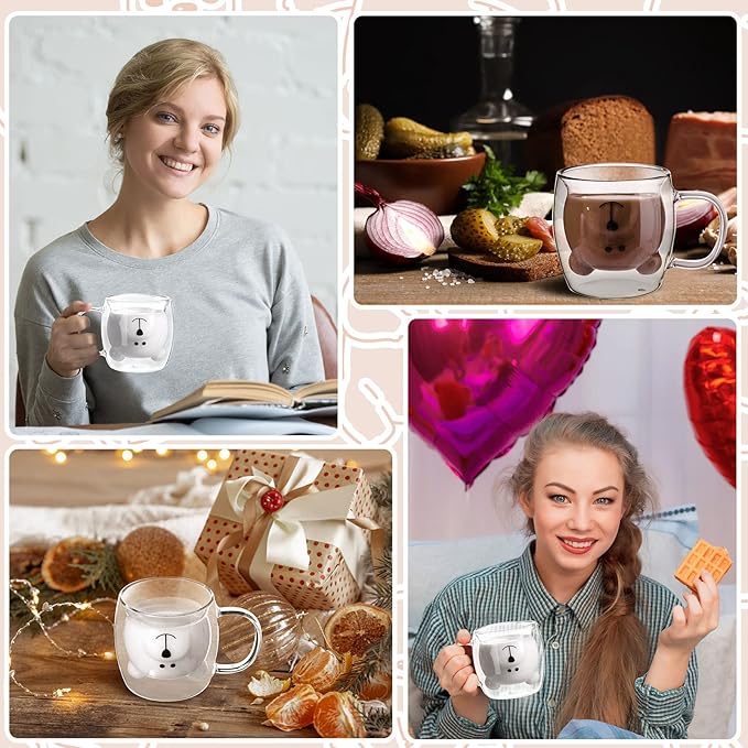 Patelai Cute Bear Tea Cup Double Wall Glass Milk Coffee Bear Mug with Handle Insulated Espresso Christmas Beer Cup Cute Birthday Gift for Women Men Valentine, 250 Ml/ 8. 4 oz(White,2 Pieces)