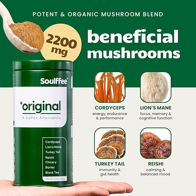 Mushroom Coffee Alternative with Chicory, Roasted Barley, Lion’s Mane, Cordyceps, Turkey Tail, Reishi, with 2200mg Functional Mushrooms, Vegan, Focus and Calm, 30 Servings