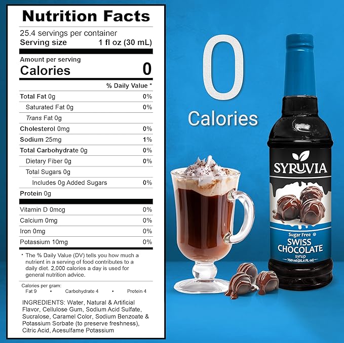Syruvia Sugar Free Coffee Syrup, Swiss Chocolate Flavored Syrup for Drinks, Lattes, and Desserts – 25.4 fl oz, With Pump