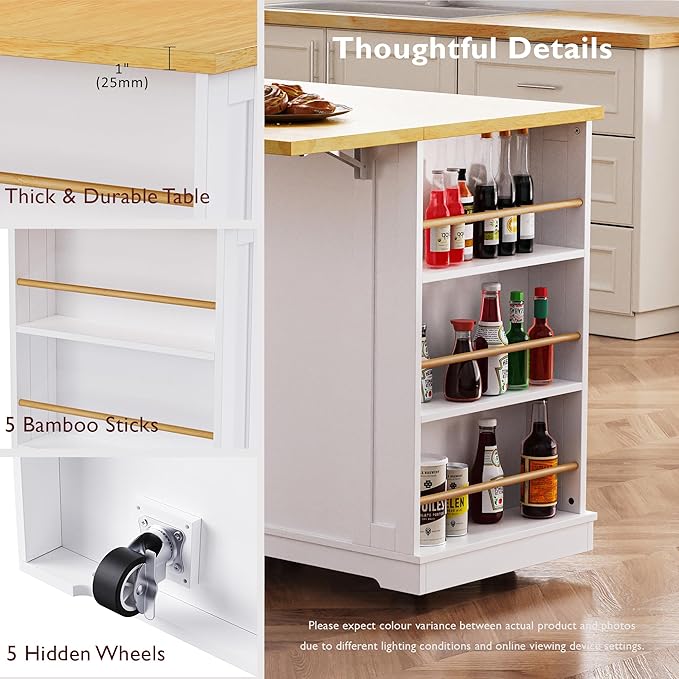 Rolling Kitchen Island with 2 Bar Stools, Drop Leaf & Power Outlet, Large Kitchen Islands Cart on Wheels, Movable Kitchen Island with 5 Open Shelves & Towel Rack for Kitchen, Dining Room, 48″, White