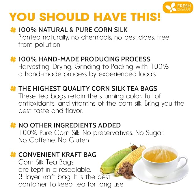 FreshDrinkUS, Premium 40 Tea Bags Corn Silk Tea, 100% Natural & Pure from Corn Silk. Herbal Tea. Clean Ingredients. Made with Natural Material Tea Bags. No Sugar, No Caffeine, Vegan.
