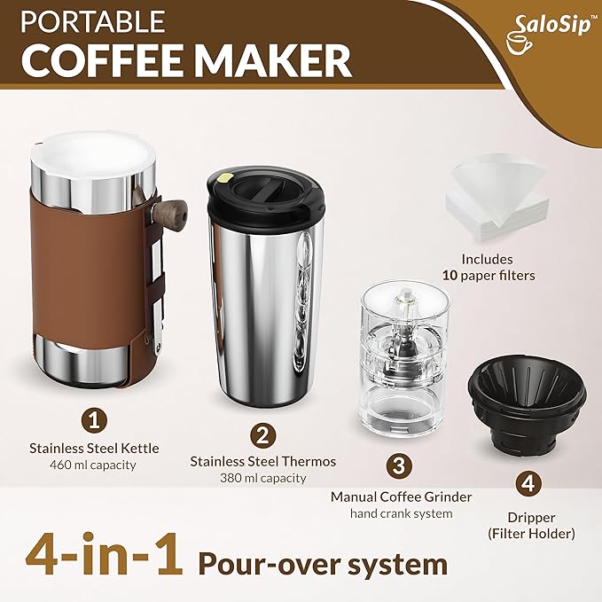 4‑in‑1 Portable 100% Manual Pour Over Coffee Maker Kit with Built‑In Grinder for Travel & Camping, No Batteries, No Cables, No Pods, Stainless Steel Components