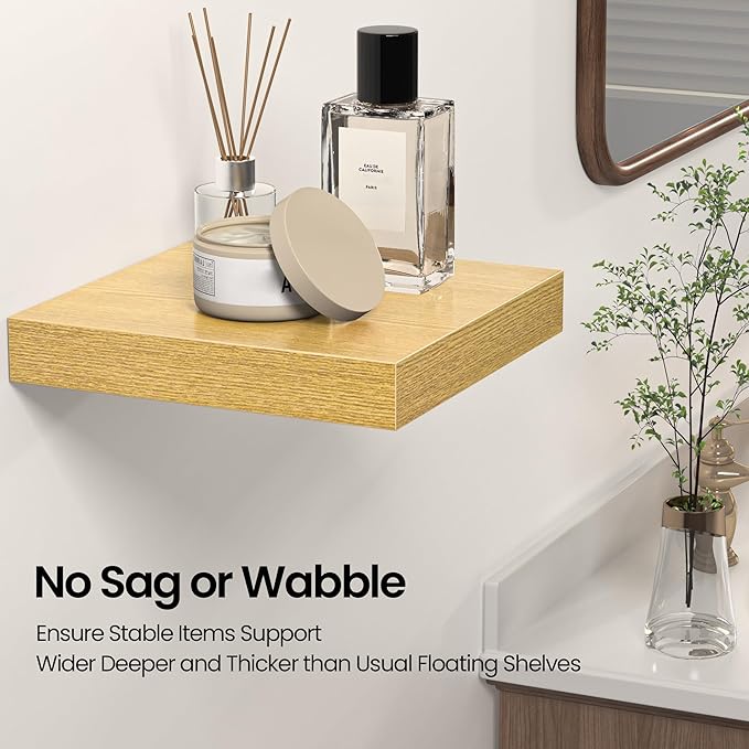 Square Floating Shelves for Wall, 12" W x 12" D x 1.2" H, Small Wooden Wall Mounted Display Shelves with Invisible Brackets for Living Room, Bedroom, Bathroom, Kitchen Decor, Set of 3, Oak