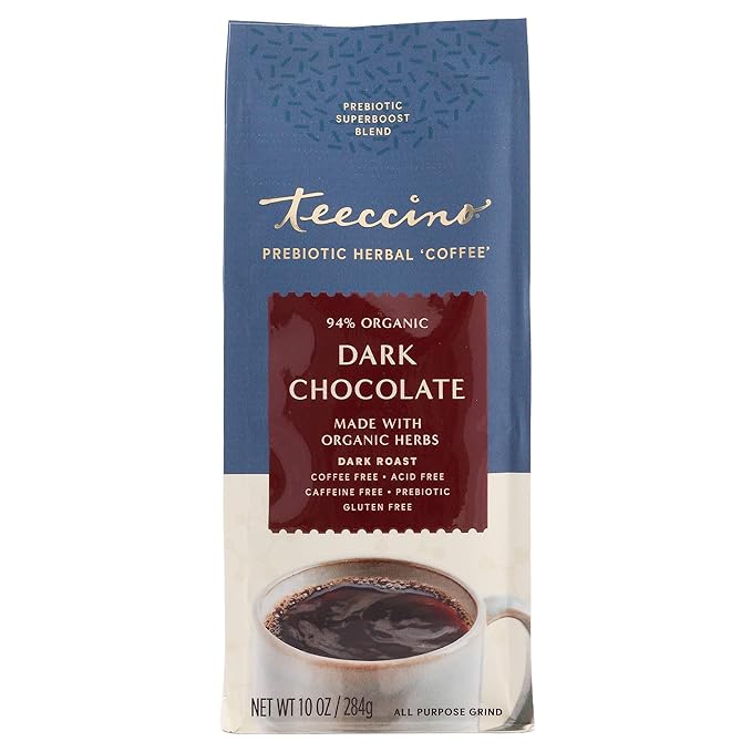 Teeccino Dark Chocolate Prebiotic SuperBoost™ Coffee Alternative - 10 Ounce - Support Probiotics with Caffeine-Free Herbal Coffee Featuring 3 Vegan Prebiotics for Gut Health