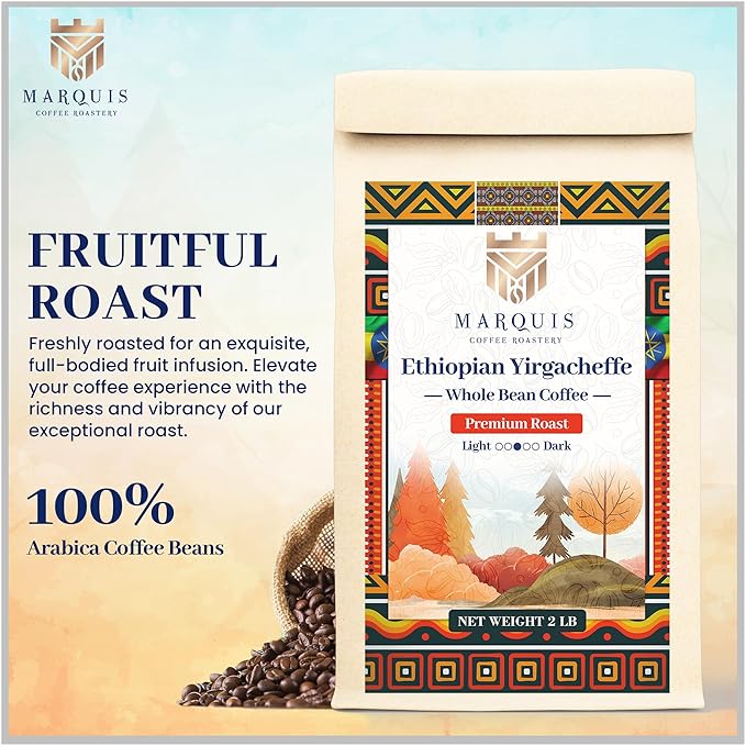 Marquis - Ethiopian Yirgacheffe Coffee Beans, Rich and Bold Whole Bean, Fresh Medium Roast Beans with a Fruity Flavor, Premium Ethiopian Coffee, 2 lb