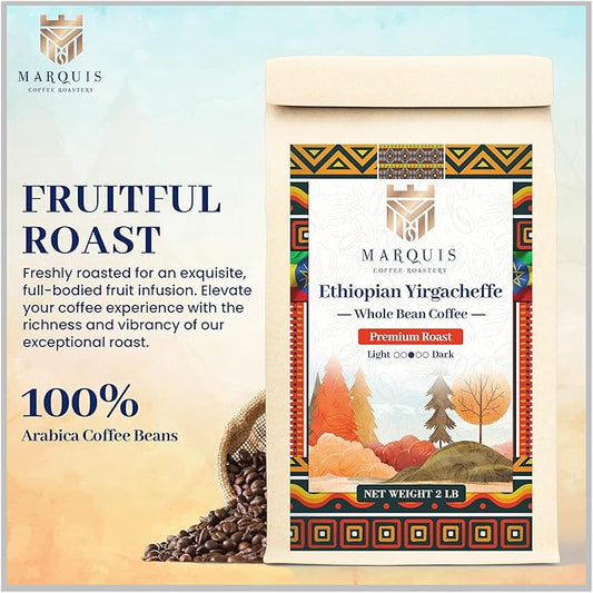 Marquis Ethiopian Yirgacheffe Whole Bean Coffee | Medium Roast, Fruity & Bold | 2 lb