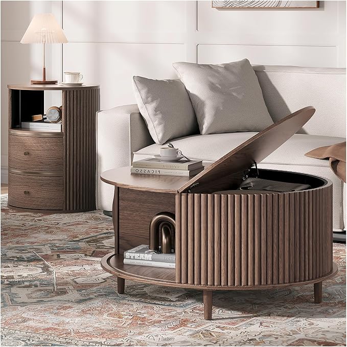 Round Coffee Table and End Table Set,31.5" Mid Century Modern Living Room Furniture, Walnut Fluted Center Table with Storage & Matching Side Table for Small Space