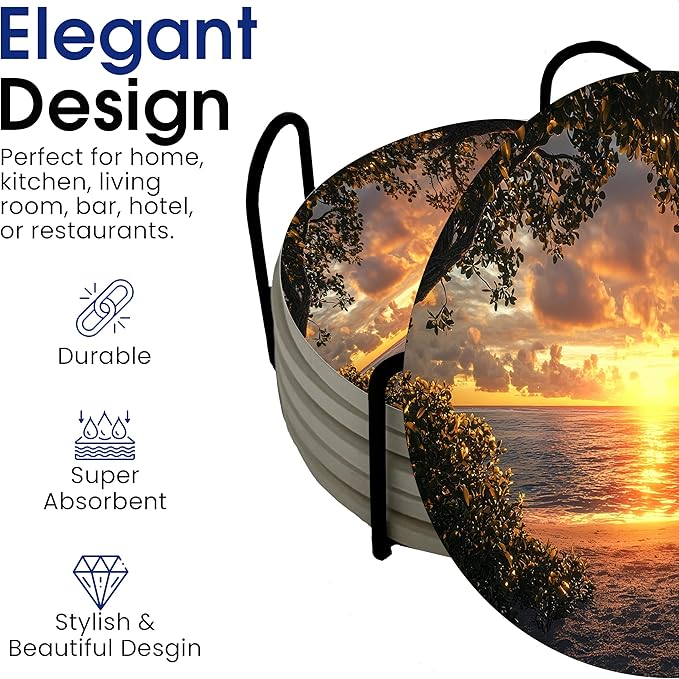 Summer Sunshine Beach Season Leaves Round Coasters Set of 6 - Abosrbent Ceramic Coasters with Metal Stand for Drinks, Coffee, Non-Slip Cork Back for Tabletop Protection, 4 Inches (Sunset)