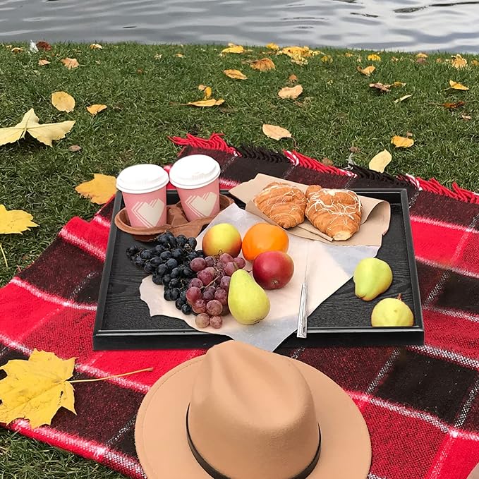 24 x 16 Inches Extra Large Solid Wood Serving Tray for Tea Coffee Table Snack Food Meals Serving Plate Kitchen Party Bar Breakfast Server with Raised Edges Black Wooden Decorative Ottoman Tray