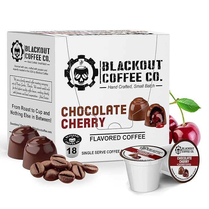 Blackout Coffee Chocolate Cherry Flavored Coffee Pods – Premium Roasted, Smooth Taste, Guilt-Free Indulgence – 18 Count Single-Serve Coffee Pods.