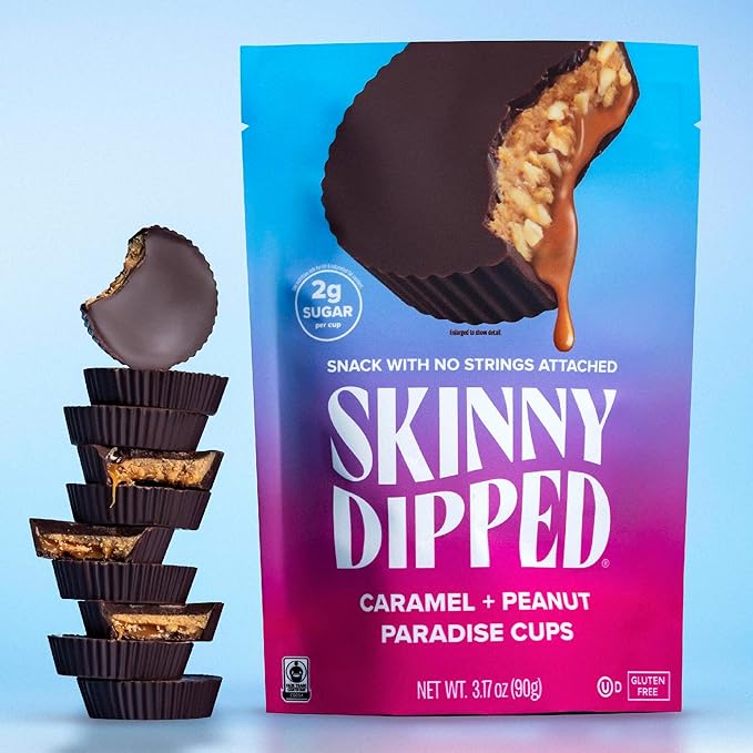 SkinnyDipped Caramel Peanut Paradise Cups, 2g Sugar per Cup, Gluten Free, Low Carb Snack, 3.2oz Resealable Bags, 6 Count (Pack of 4)