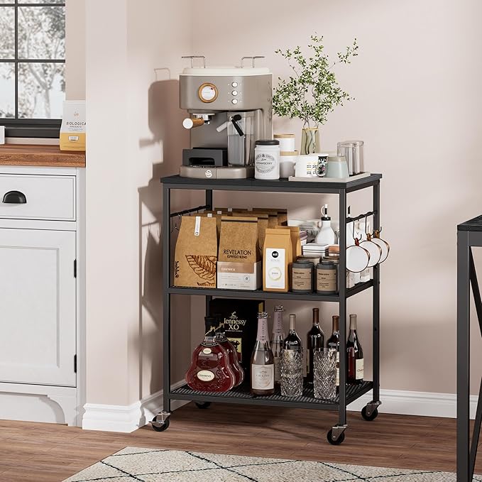 3-Tier Rolling Kitchen Microwave Cart, Kitchen Utility Cart on Lockable Wheels, Coffee Bar Table Station with 6 S-Shaped Hooks, Small Appliance Storage Shelf, Black