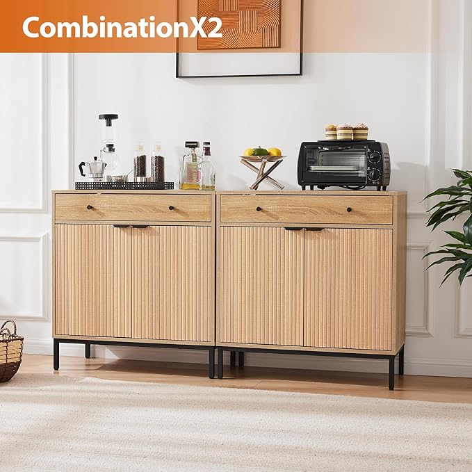 Mericonia Farmhouse Buffet Sideboard Cabinet with Storage, Fluted Coffee Bar with Doors and Adjustable Shelves, Modern Wood Cabinet for Kitchen, Livingroom (Fluted 2 Door, Natural) | with Drawer, Farmhouse, Kitchen Storage, with Doors, Adjustable Shelv...
