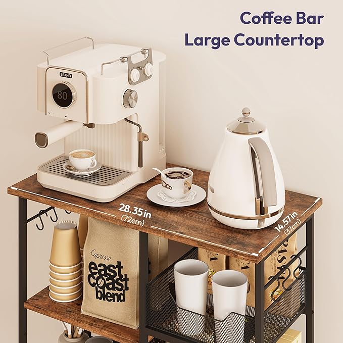 SWTYMIKI Kitchen Island Cart on Wheels - 28.35x14.57in Rolling Kitchen Table Cart with Storage Shelves, 6 Removable Hooks& Locking Casters, Coffee Bar Cabinet for Dining Room Pantry Office, Espresso