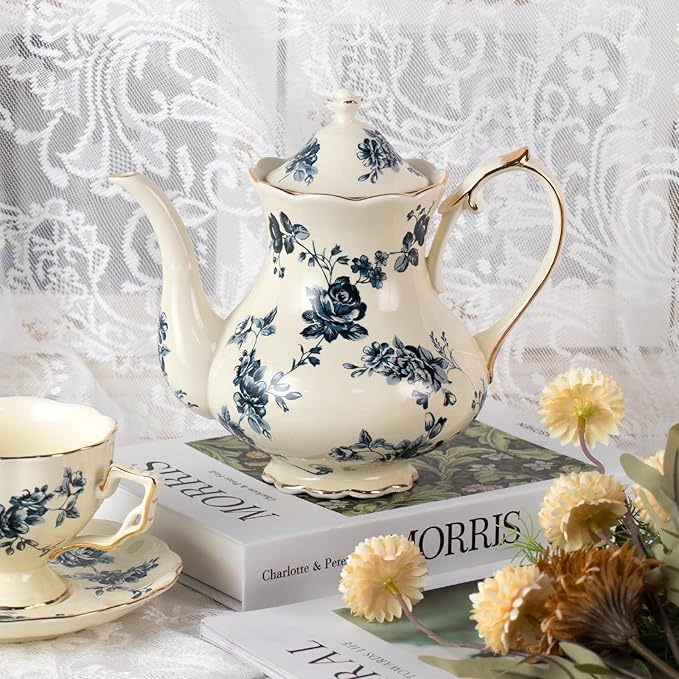 KAMMAK Teapot with Handle, Vintage Porcelain Tea Pot with Gold Trim, Blooming & Loose Leaf Teapot, Festive Holiday Serveware, Gifts for Women, Blue Flowers - 30 oz