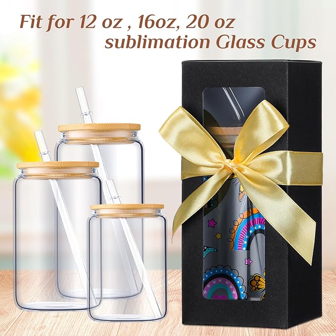 Honoson 24 Pcs Tumbler Gift Box with Ribbon for Sublimation Glass Exhibition Boxes Transparent for 12oz 16oz 20oz Drinking Cup Glasses Jars Mug Can Blanks(Black)