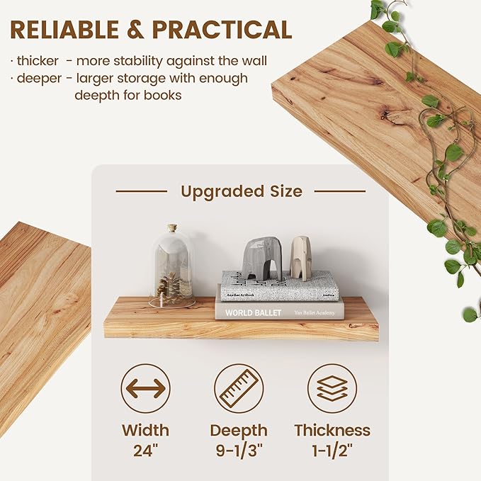 Reclaimed Elm Wood Floating Shelves for Wall, Live Edge 24"W x 9.2"D x 1.4"H, Set of 2 with Invisible Bracket, Wall Mounted Shelves for Living Room Bedroom Kitchen Bathroom Decor, Natural Finish