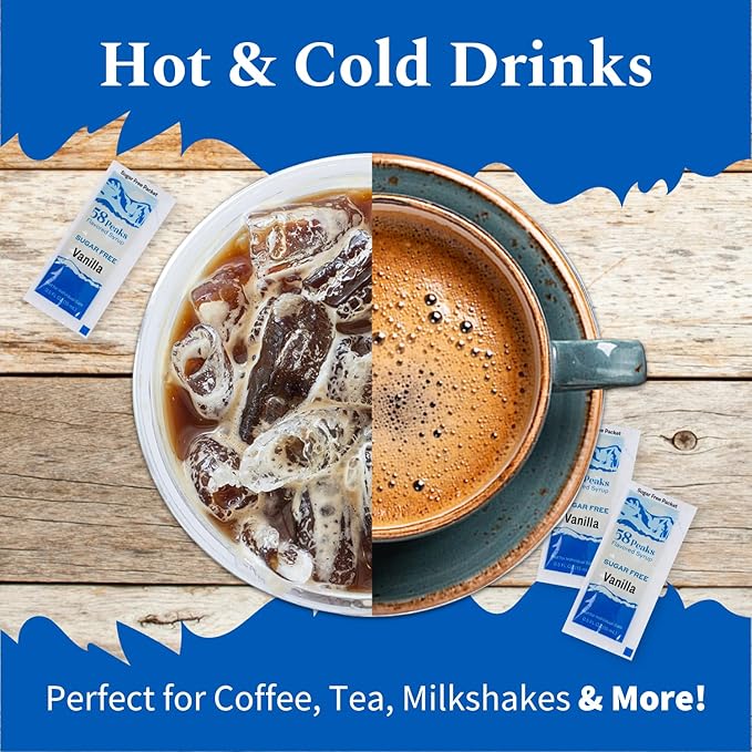 58Peaks Sugar-Free Vanilla Syrup Sweetener Packets for Hot and Cold Drinks | To-Go Syrup Flavoring Perfect for Coffee, Tea, Milkshakes and More | Flavored Coffee Syrups for Travel | 15mL | 50-Pack