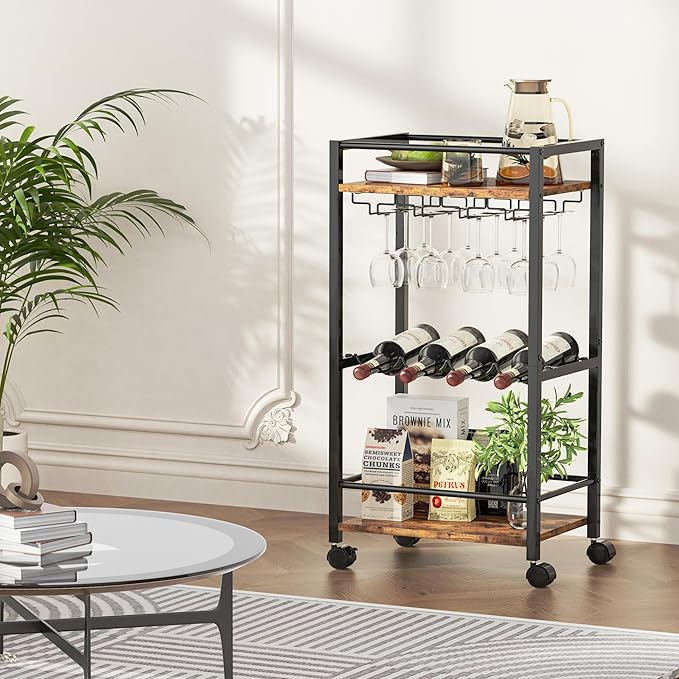Bar Cart, Home Bar Serving Cart, Mobile Kitchen Carts with Wheels, Small Rolling Cart with Wine Rack and Glass Holders, Rolling Beverage Cart for Kitchen, Dining Room, Living Room, Rustic Brown