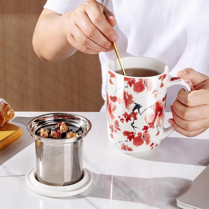 AmorArc Porcelain Tea Mug with Infuser and Lids, 18 Oz Coffee Cup Strainer with Bag Holder for Loose Leaf Tea, Steeping Coffee Mug for House-warming Wedding Birthday Gift