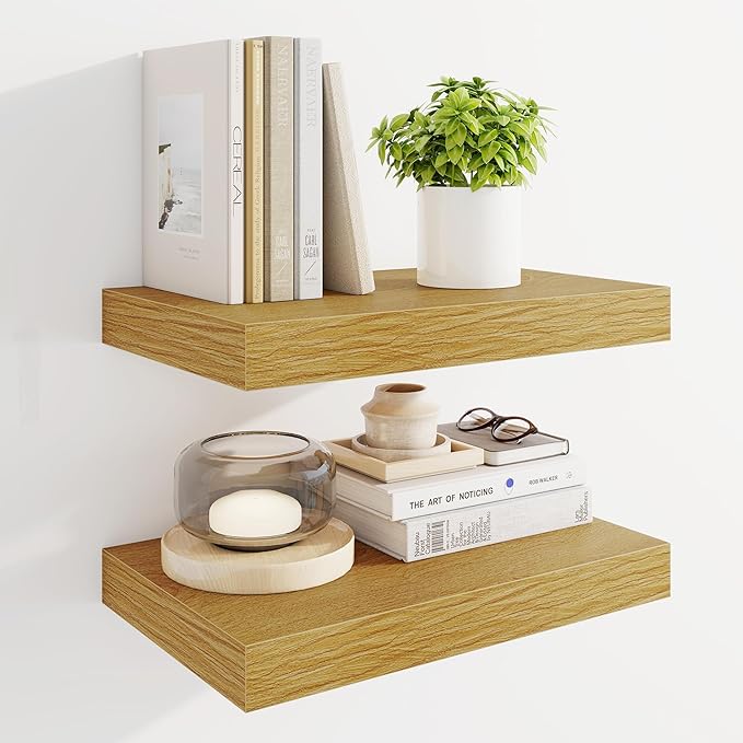 Marsmiles 16" Floating Shelves for Wall, Wooden Shelves with Invisible Brackets Set of 2, Rustic Farmhouse Wall Mounted Shelf for Kitchen Bathroom Living Room Study, Natural Oak