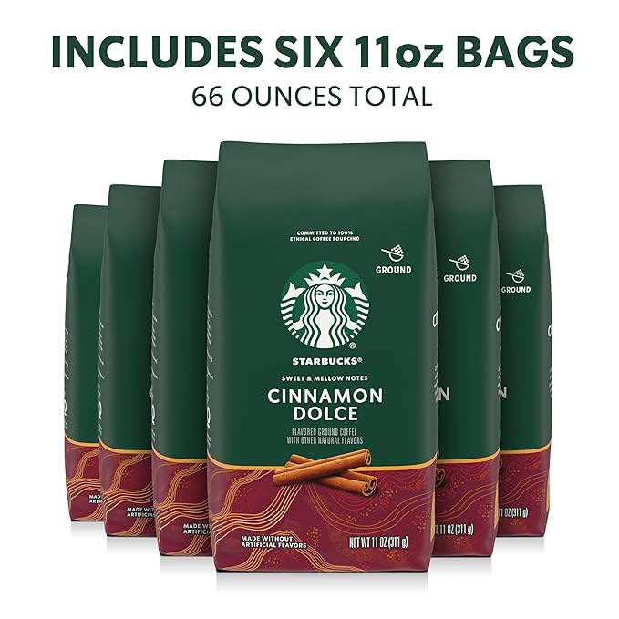 Starbucks Ground Coffee, Flavored Hot or Iced Coffee, Cinnamon Dolce, Six 11 oz Bags