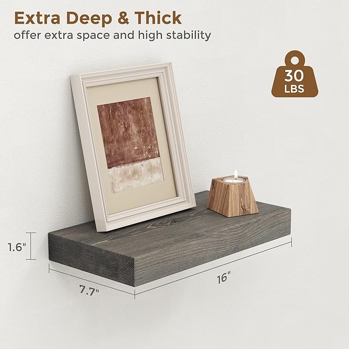 Marsmiles Floating Shelves for Wall - Small Grey Wood Floating Shelves Set of 2-16 Inch Wide x 7.7 Inch Deep x 1.6 Inch Thick Rustic Grey Wooden Shelves for Room Wall