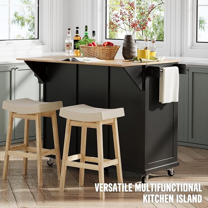Kitchen Island with Storage on Wheels, 53" Large Rolling Kitchen Island with Drop Leaf, Mobile Kitchen Islands Cart with 3 Drawers 2 Cabinet, Open-Shelf, Islands Table (Black, 3 Drawers)